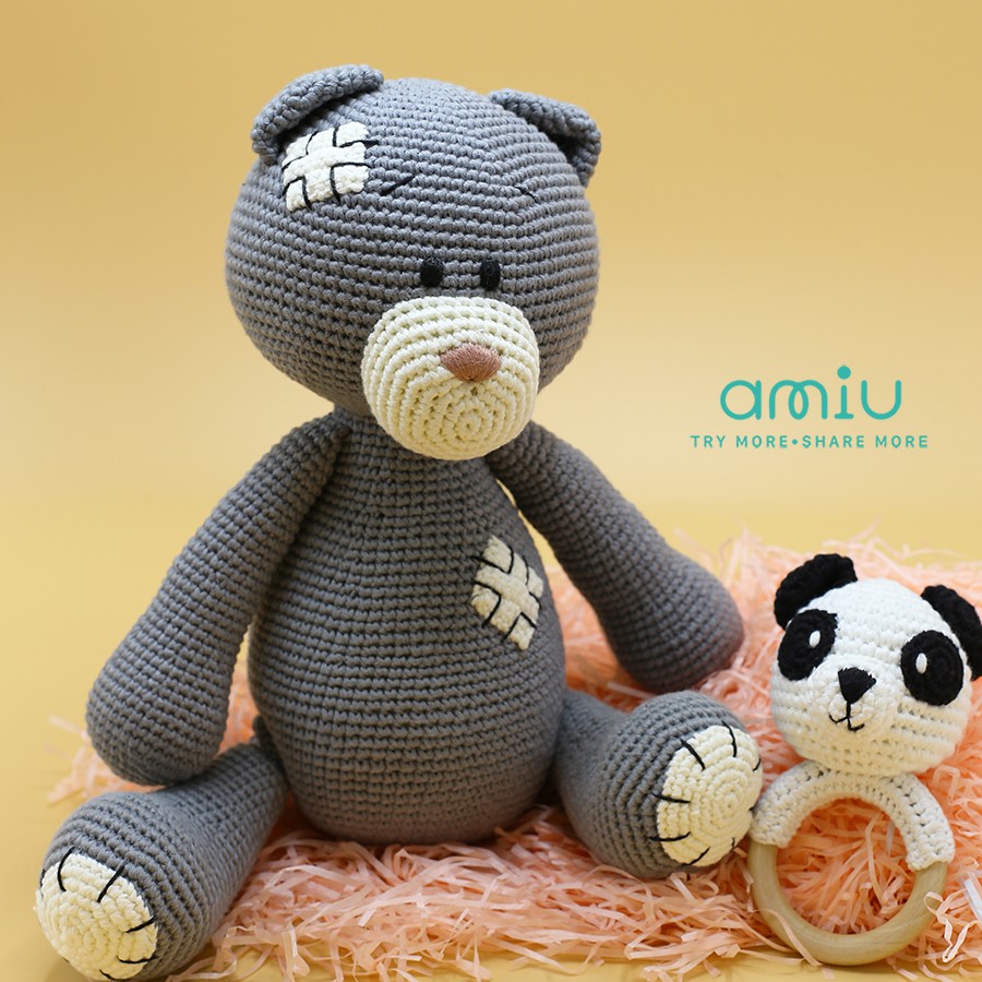 Gấu bông móc len Amigurumi cao cấp Amiu Việt Nam - Gấu vá xanh ghi đá handmade - SP000371