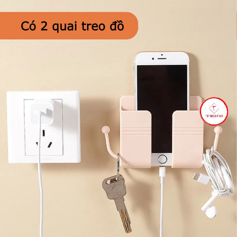 Giá để điện thoại, kệ để điện thoại dán tường siêu dính kèm 2 móc treo dây sạc, chìa khóa tiện lợi bàng nhựa