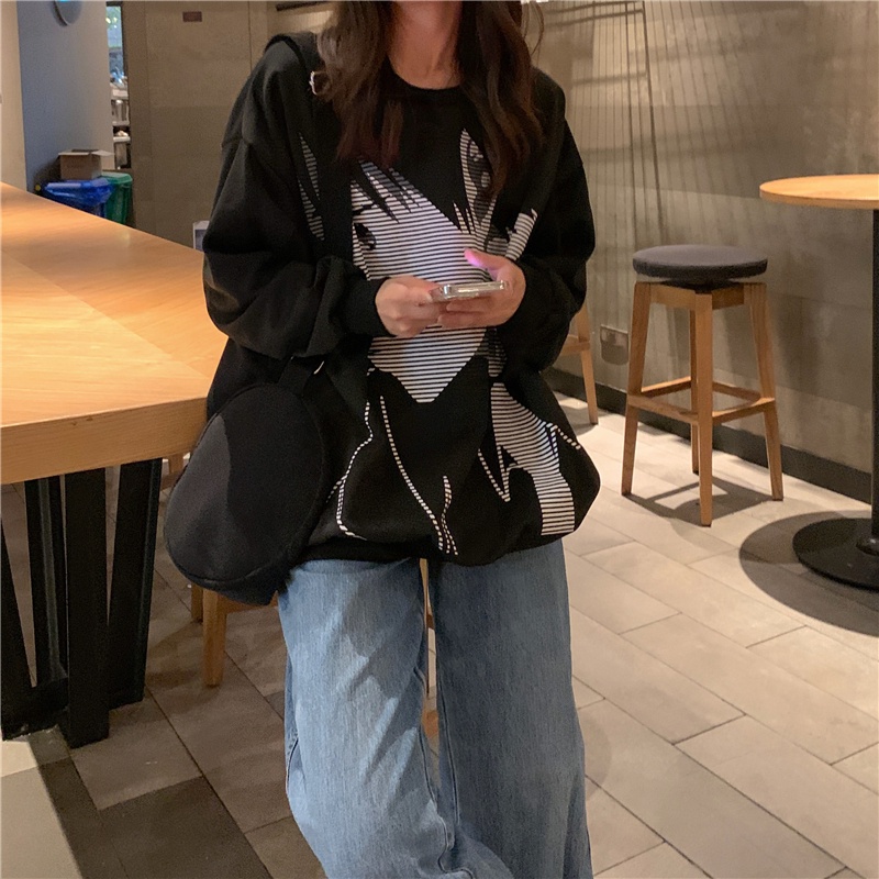 SUXI Áo Sweater Thể Thao Tay Dài Dáng Rộng In Họa Tiết Trẻ Trung Phong Cách Hàn Quốc Hợp Thời Trang Cho Bạn Gái