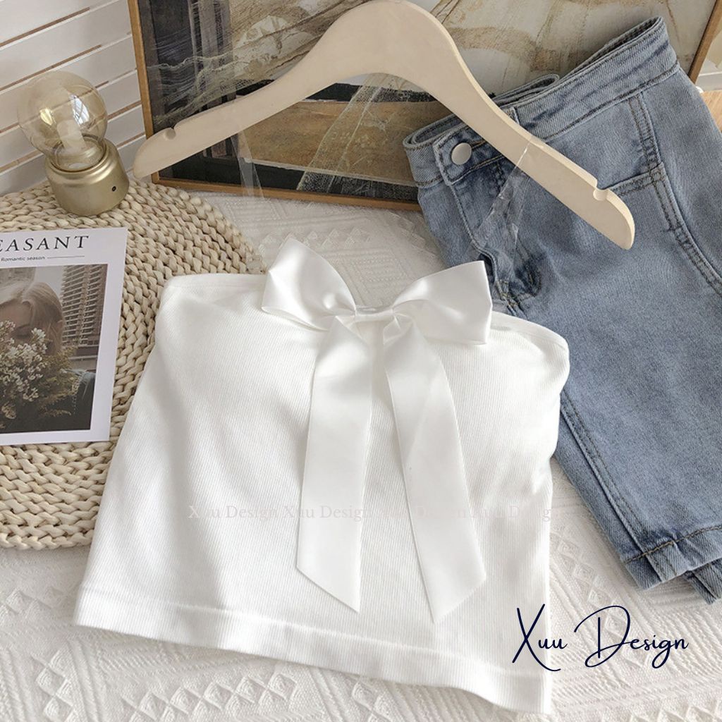 Áo bra nữ không dây phối nơ ngực Xuu, vải cotton cao cấp co dãn 4 chiều tặng kèm dây áo trong suốt - BR18