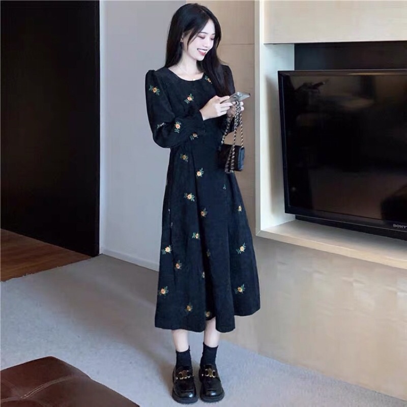Đầm hoa buộc dây kiểu mới mùa thu váy chữ A Hàn Quốc