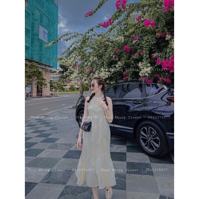 Váy xuông dài tạo khối sóng sát nách