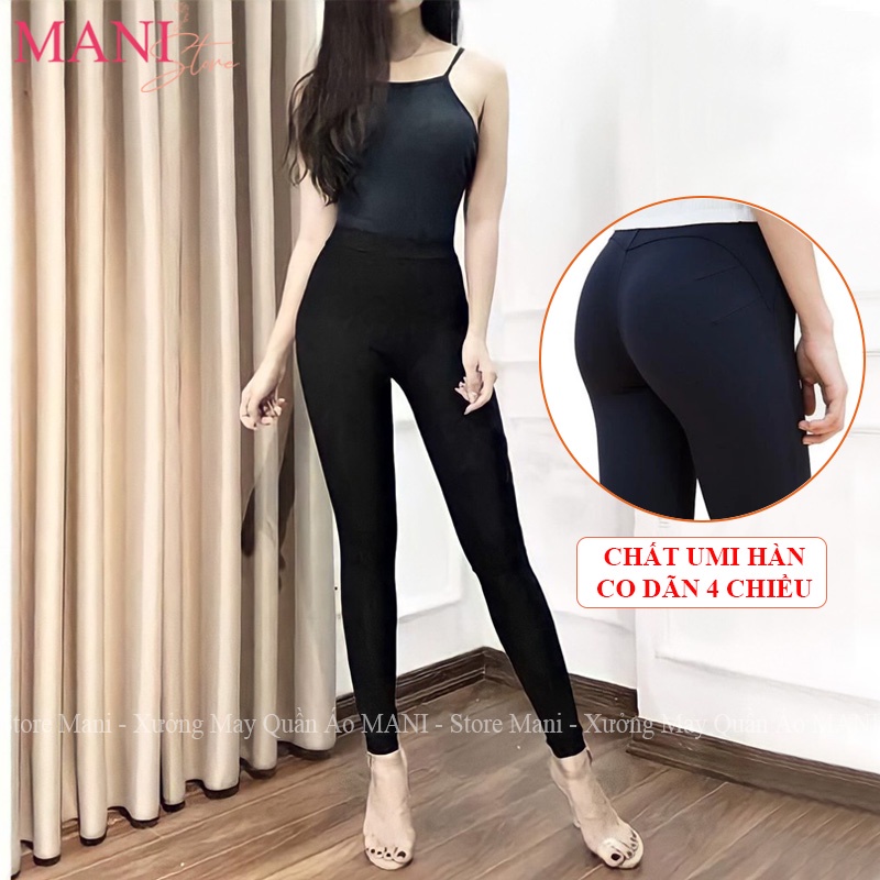 Quần legging nữ cạp cao dáng dài nâng mông lưng thun có túi màu đen vải Umi co dãn 4 chiều mặc ở nhà đi tập gym thể thao