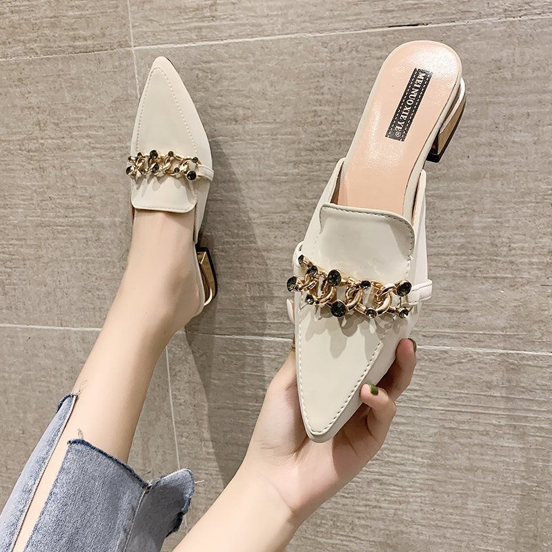 Baotou nửa dép phụ nữ 2022 mùa hè mới mũi nhọn giày mules phiên bản Hàn Quốc giày dép rhinestone phụ nữ