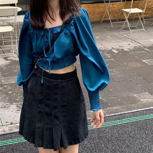 Áo của phụ nữ Hàn Quốc Muối mượt Pháp Thời trang Pháp Áo dài tay màu xanh