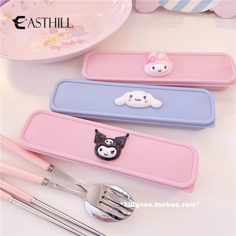 SANRIO Bộ Muỗng Đũa Nĩa Kèm Hộp Đựng Bằng Thép Không Gỉ In Hình Cinnamoroll Kitty Cinnamoroll Dễ Thương