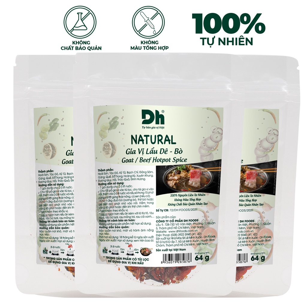Combo 3 gói natural gia vị lẩu dê - bò 64gr Dh Foods gia vị hoàn chỉnh món lẩu dê bò có kèm túi lọc