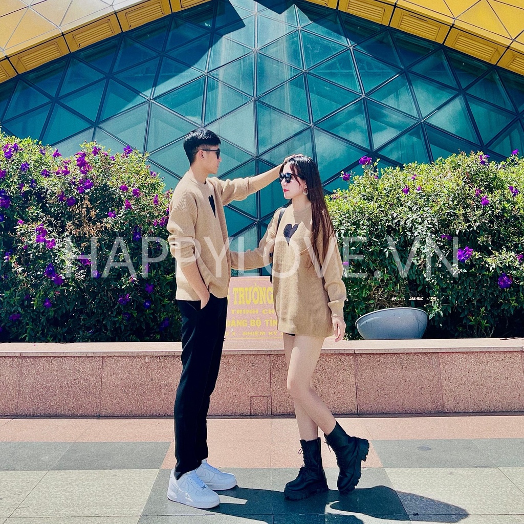 Áo len đôi nam nữ Quảng Châu form rộng màu Nâu hình Trái Tim HAPPYLOVE, Set Áo Đồ Đôi Couple Hàn Quốc Len dày dặn H13