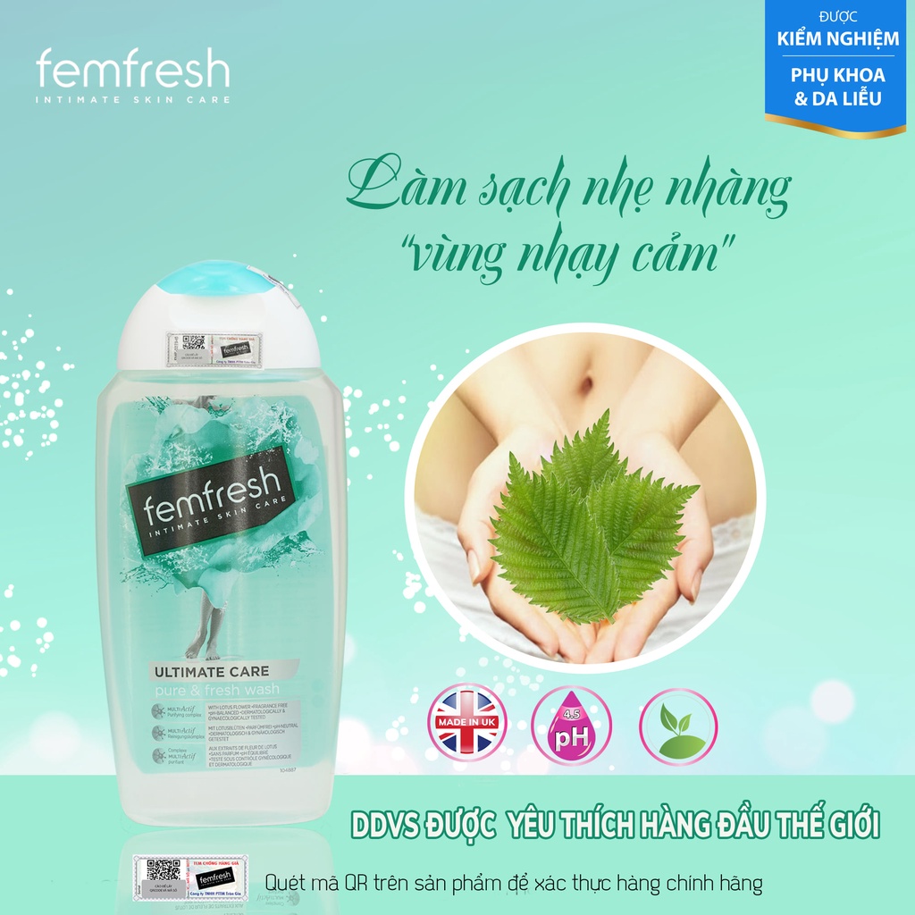 Dung Dịch Vệ Sinh Phụ Nữ  Femfresh Pure &amp; Fresh Wash Cho Da Nhạy Cảm Giup Vùng Kín Tươi Trẻ Mịn Màng, Thoáng Mát Dễ Chịu