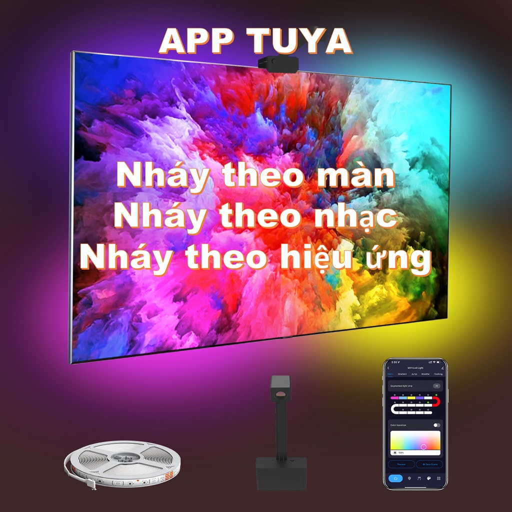 Đèn Ambilight TV Camera sáng theo màu TV - nháy theo nhạc - app Tuya