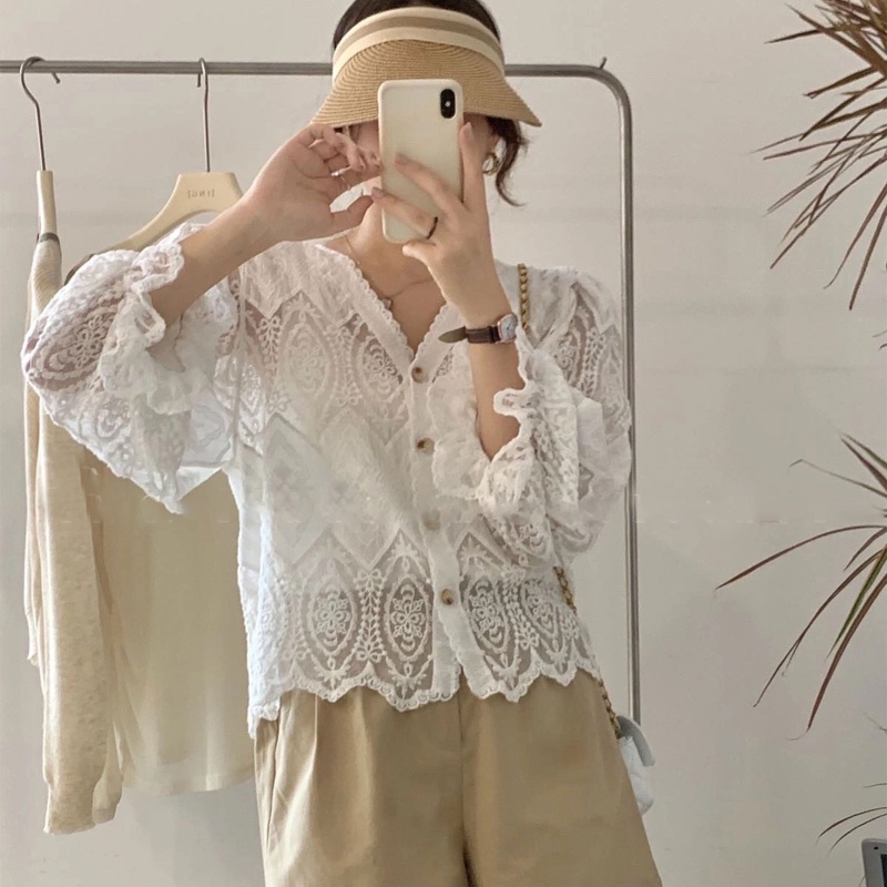 Áo Cardigan Ren Tay Phồng Cổ Chữ V Cài Nút Thêu Hoa Phong Cách Pháp Thời Trang Mùa Xuân Cho Nữ Ja