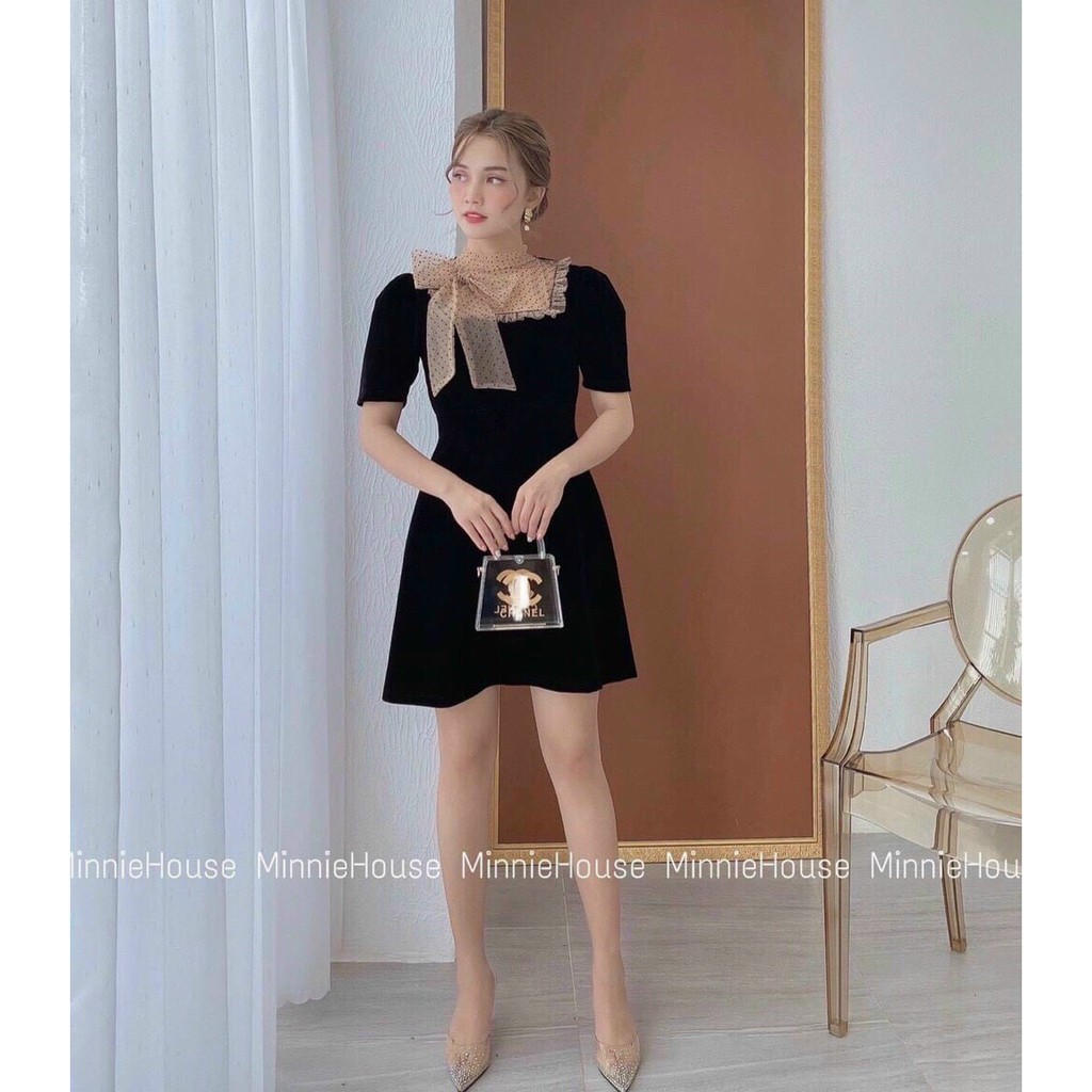 đầm ngắn cổ lưới chấm bi cột nơ
