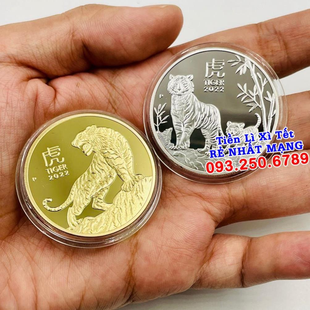 Tiền xu hình con Cọp Úc vàng và đồng xu hình Cọp bạc làm tiền lì xì tết - tặng kèm túi gấm đỏ - Quà Tết 2022