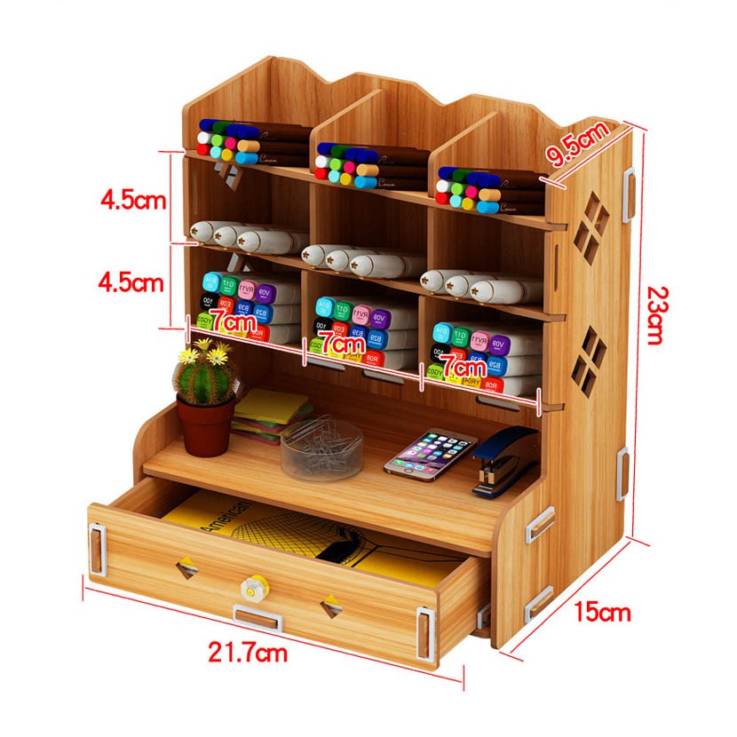 Hộp bút để bàn, kệ đựng bút đa năng BIBOTOYHV8-11 bằng gỗ cao cấp có nhiều ngăn TIỆN LỢI  2 màu nâu sáng tùy chọn