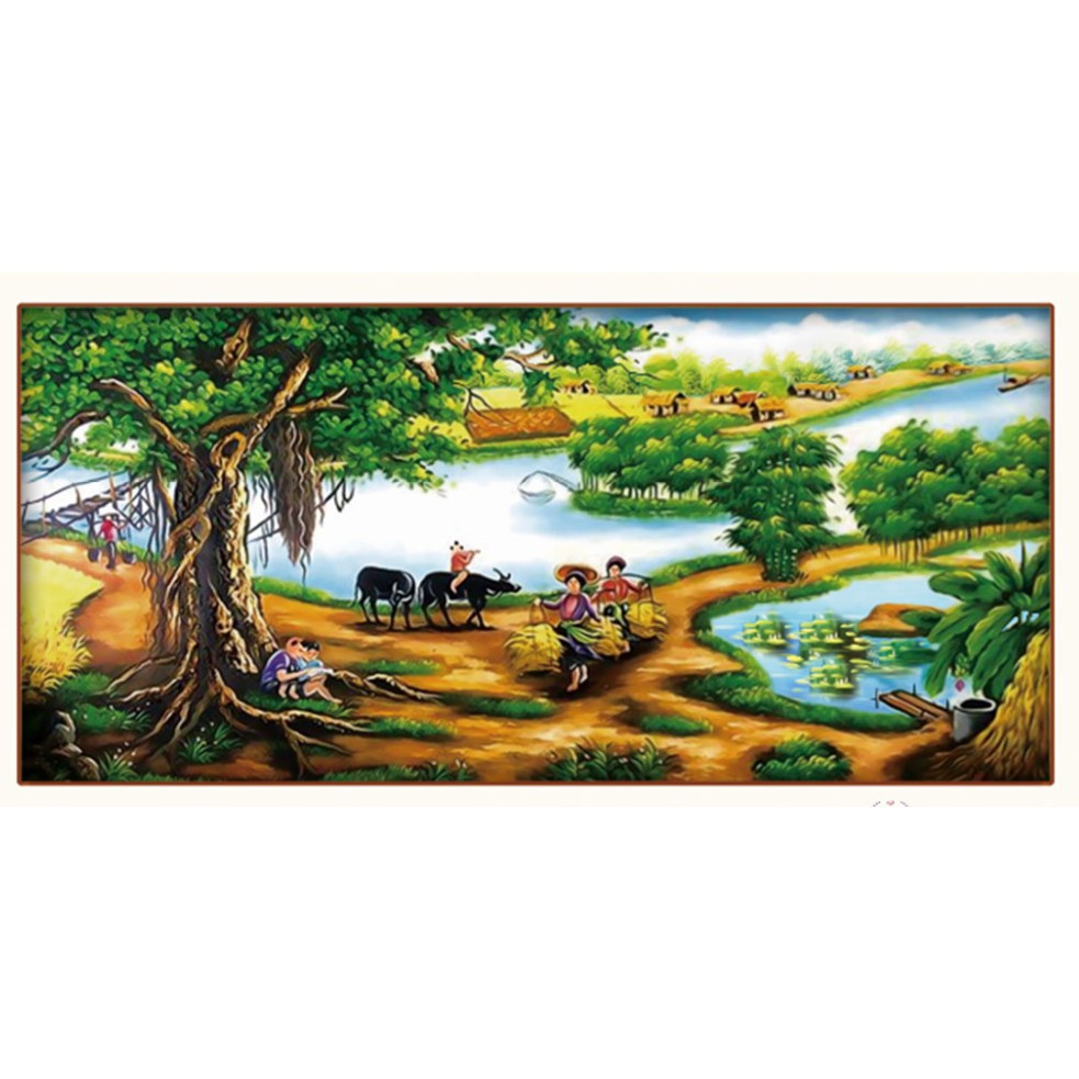 Tranh Đính Đá LÀNG QUÊ THANH BÌNH. Kích Thước: 1m20 x 60cm - 1m50 x 75cm - 2m x 95cm