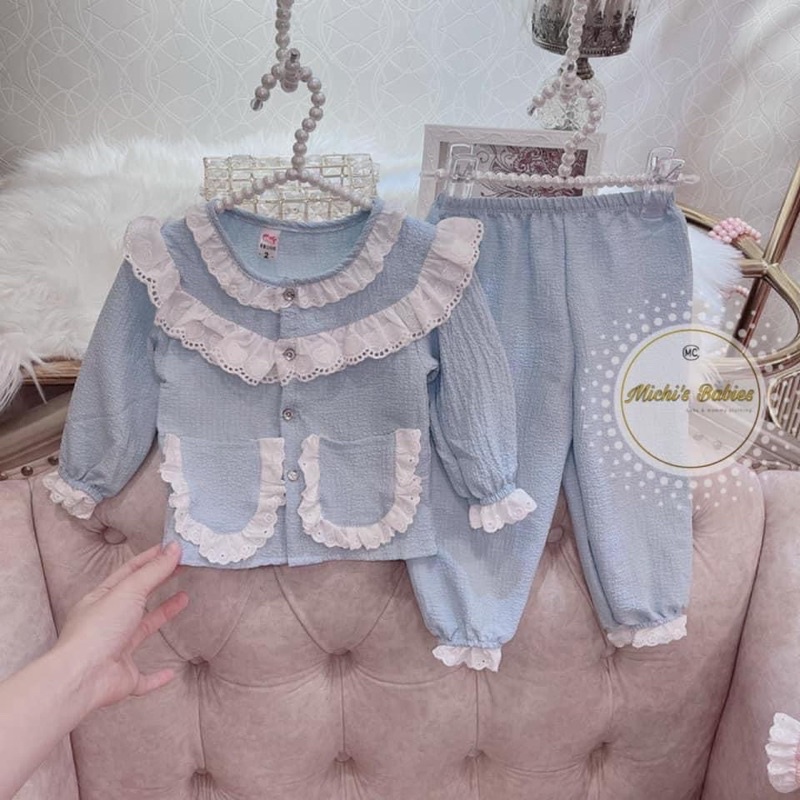 Bộ pizama cho bé, bộ tiểu thư phối ren siêu xinh cho bé