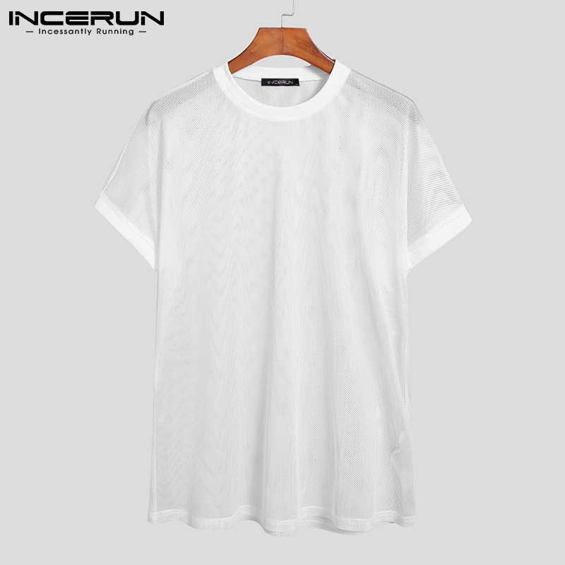 Áo thun INCERUN vải lưới mỏng xuyên thấu ngắn tay cổ tròn thời trang mùa hè thoải mái cho nam