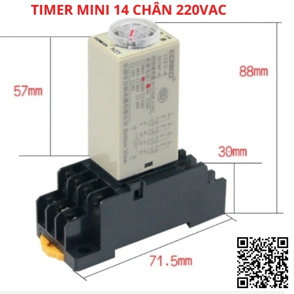 Timer hẹn giờ H3Y-4 relay mini thời gian, công tắc tự động 14 chân điện áp 220VAC tặng kèm chân đế PYF14A