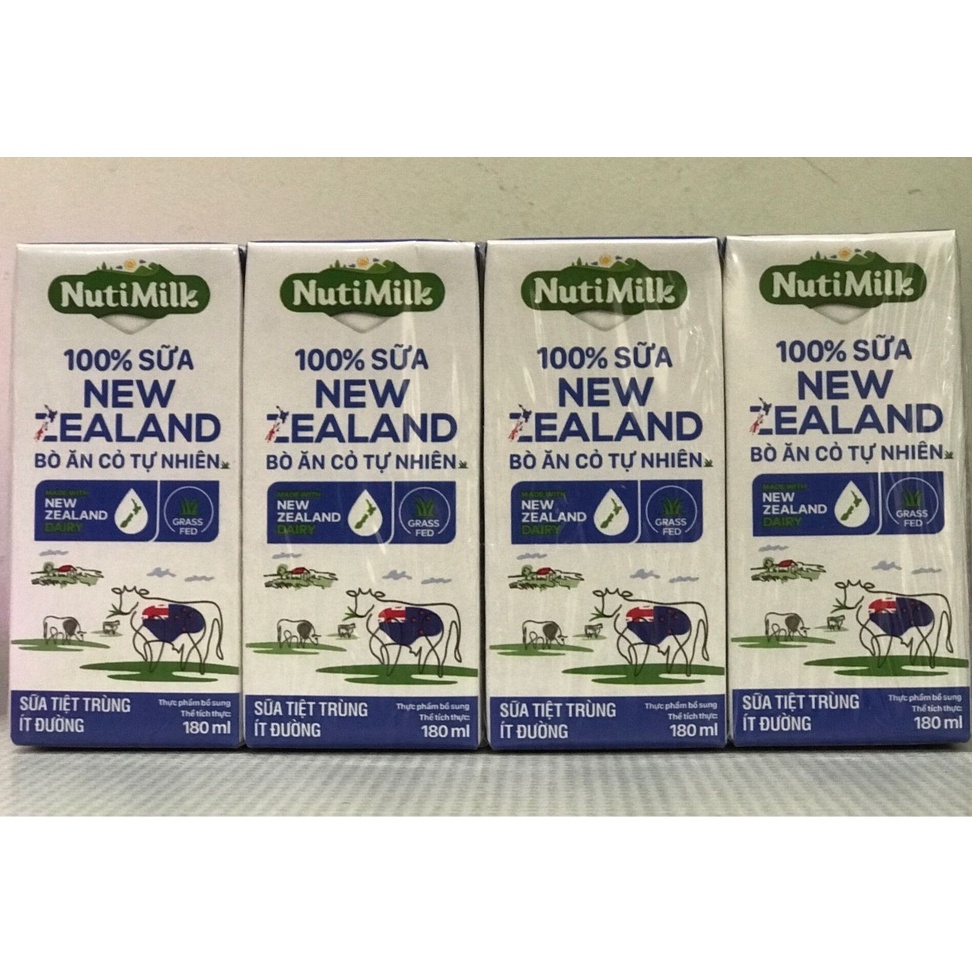 Sữa tiệt trùng ít đường 100% sữa New Zealand bò ăn cỏ tự nhiên. Block 4 x 180 ml