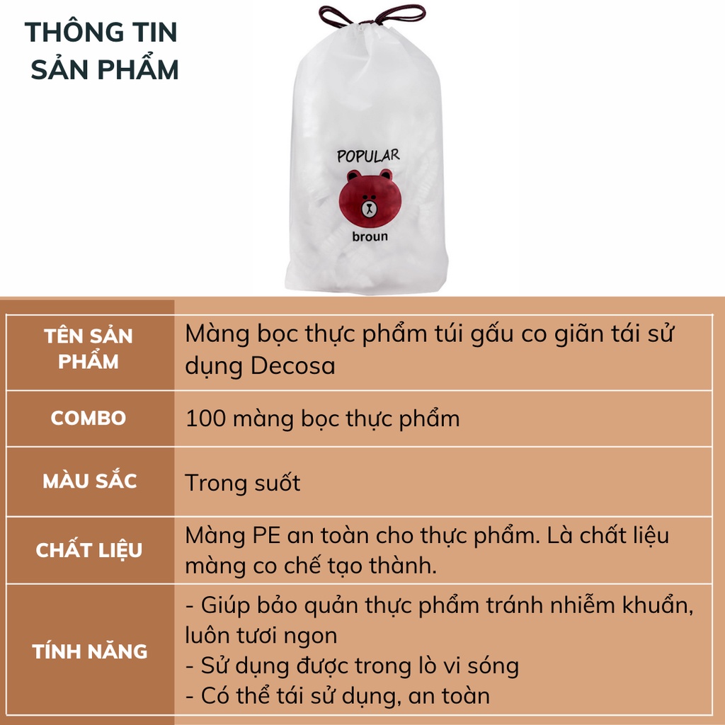 Màng bọc thực phẩm túi gấu co giãn tái sử dụng set 100 màng bọc Decosa
