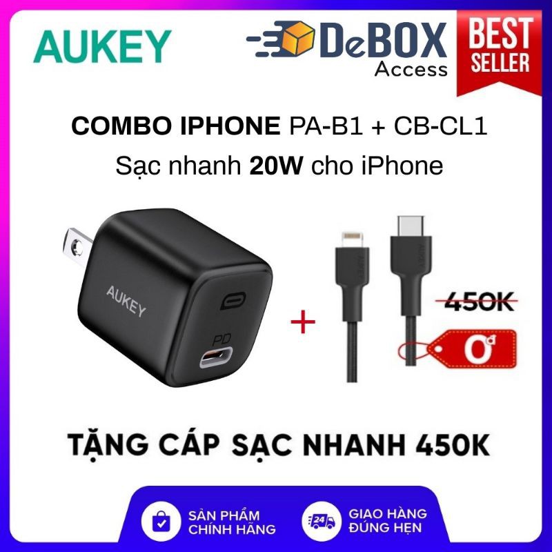 Combo AUKEY Cốc Sạc Nhanh iPhone 12 Series 20W Omnia PA-B1, Cáp C-Lightning CB-CL1 MFi, PD 22W Bảo