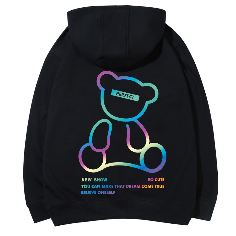 ️🎵 Hoodie gấu phản quang in 2 mặt siêu cute, unisex 2 màu đen, trắng