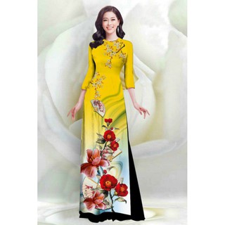 SÉT ÁO DÀI LỤA TRUYỀN THỐNG IN HOA SỨ QUẠT 4D