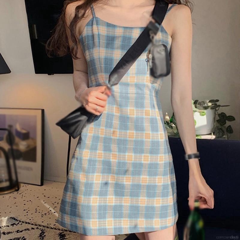 Đầm Nữ Hai Dây Họa Tiết Caro Phong Cách Retro Hàn Quốc