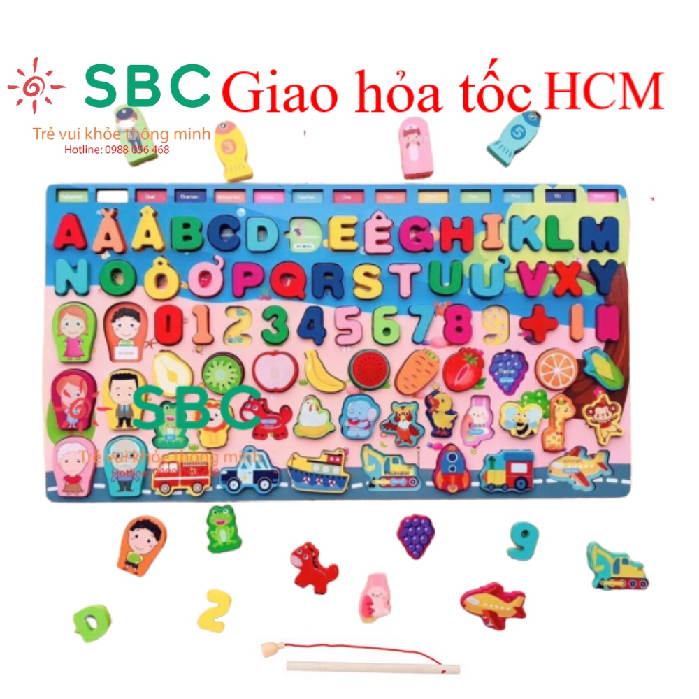 Đồ chơi gỗ 8in1 - 92 chi tiết đầy đủ chữ cái, số, câu cá,nghề nghiệp, trái cây, con vật, giao thông...