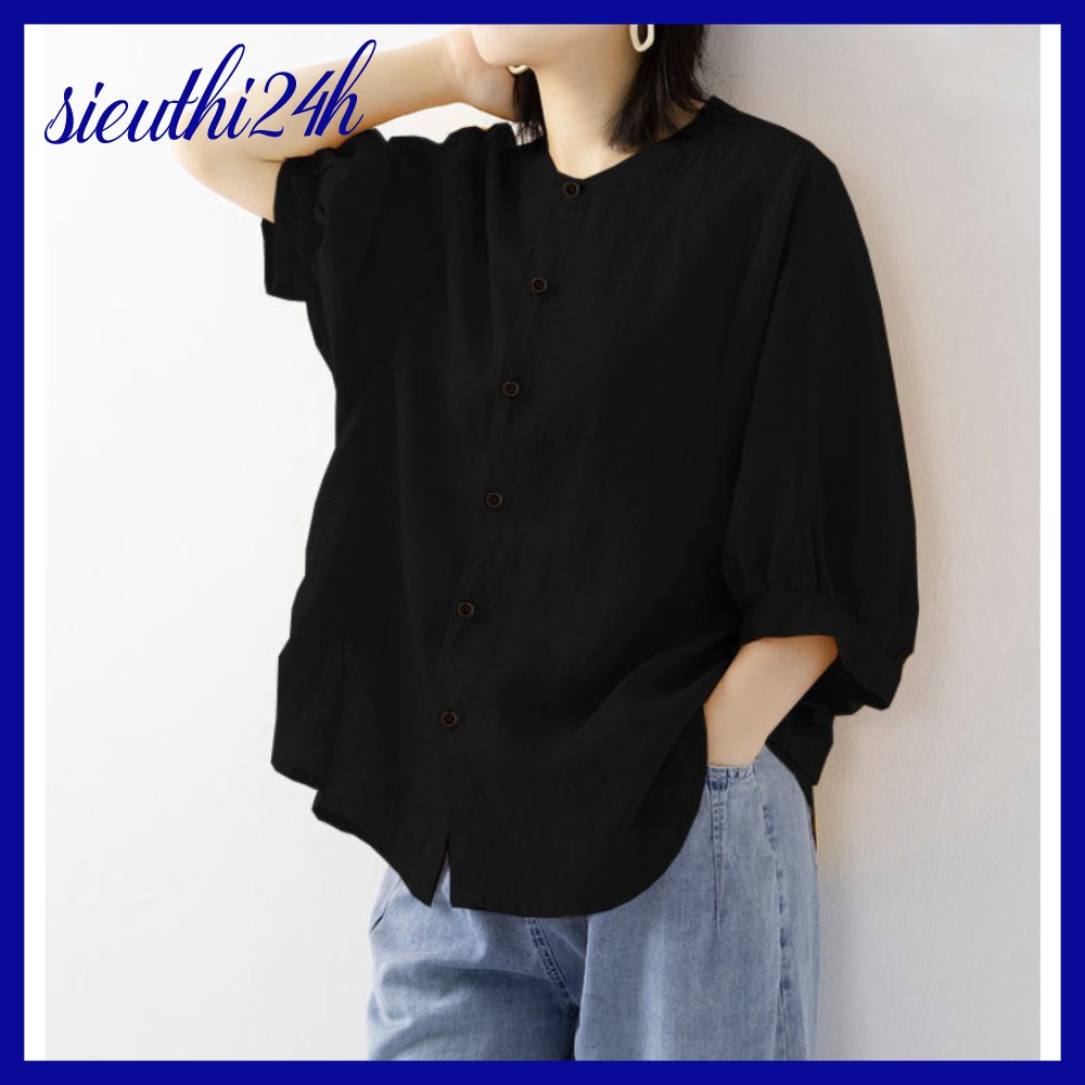 Sơ mi kiểu nữ bigsize cổ tàu Siêu thị 24 giờ, chất liệu mềm mát, form rộng che khuyết điểm SMH.34 | BigBuy360 - bigbuy360.vn