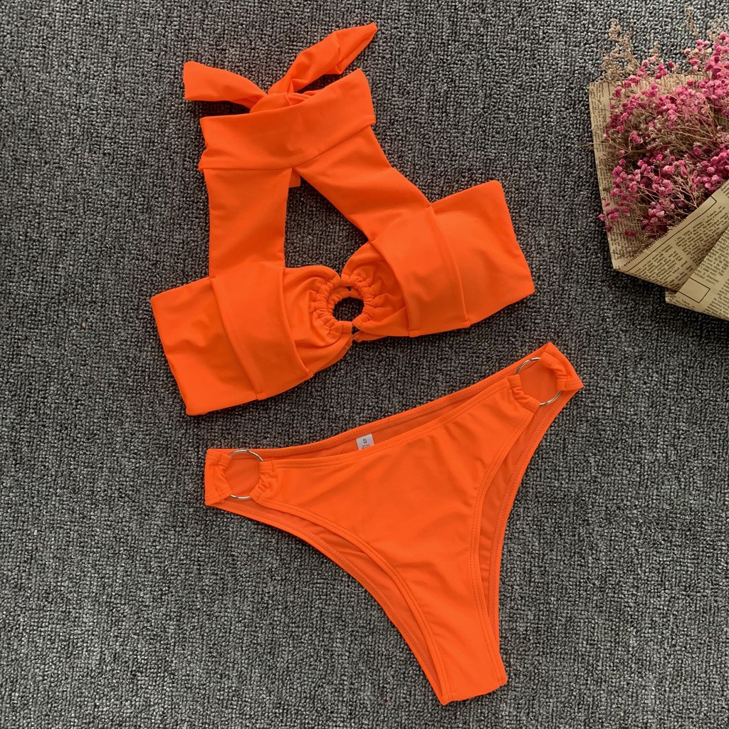 ❦woharyday❦Women Strappy Two-Piece Swimsuit Backless Solid Steel Ring Bikini Set Beachwear | BigBuy360 - bigbuy360.vn