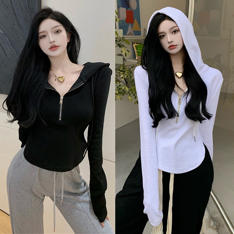 Áo thun tay dài có mũ trùm đầu / khóa kéo màu trơn thiết kế vạt không đều phong cách Hàn Quốc thường ngày dành cho nữ