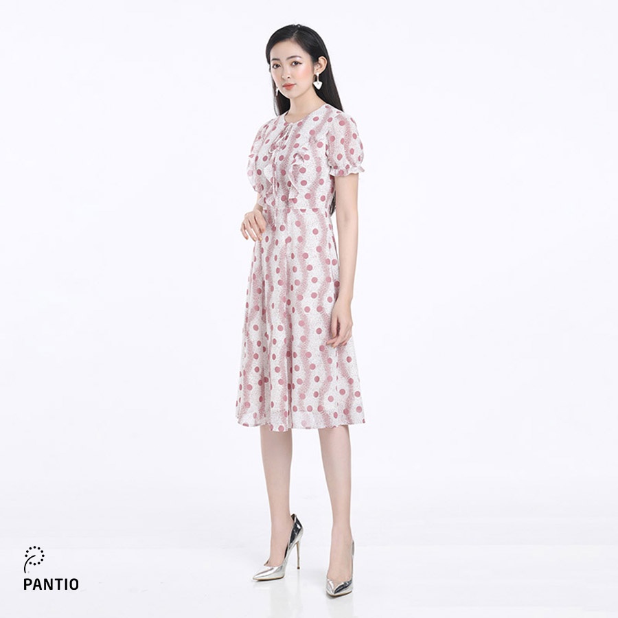 Đầm công sở chất liệu thô mềm họa tiết chấm bi cổ tròn FDC32582 - PANTO