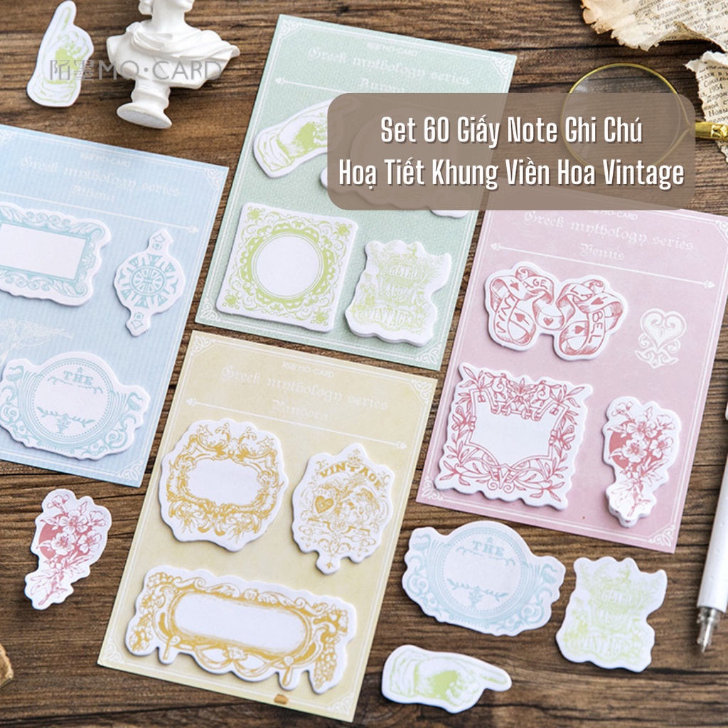 Set 60 Giấy Note Ghi Chú Hoạ tiết Khung viền hoa Vintage Trang Trí DIY, Bullet Journal Sáng tạo nghệ thuật ST472