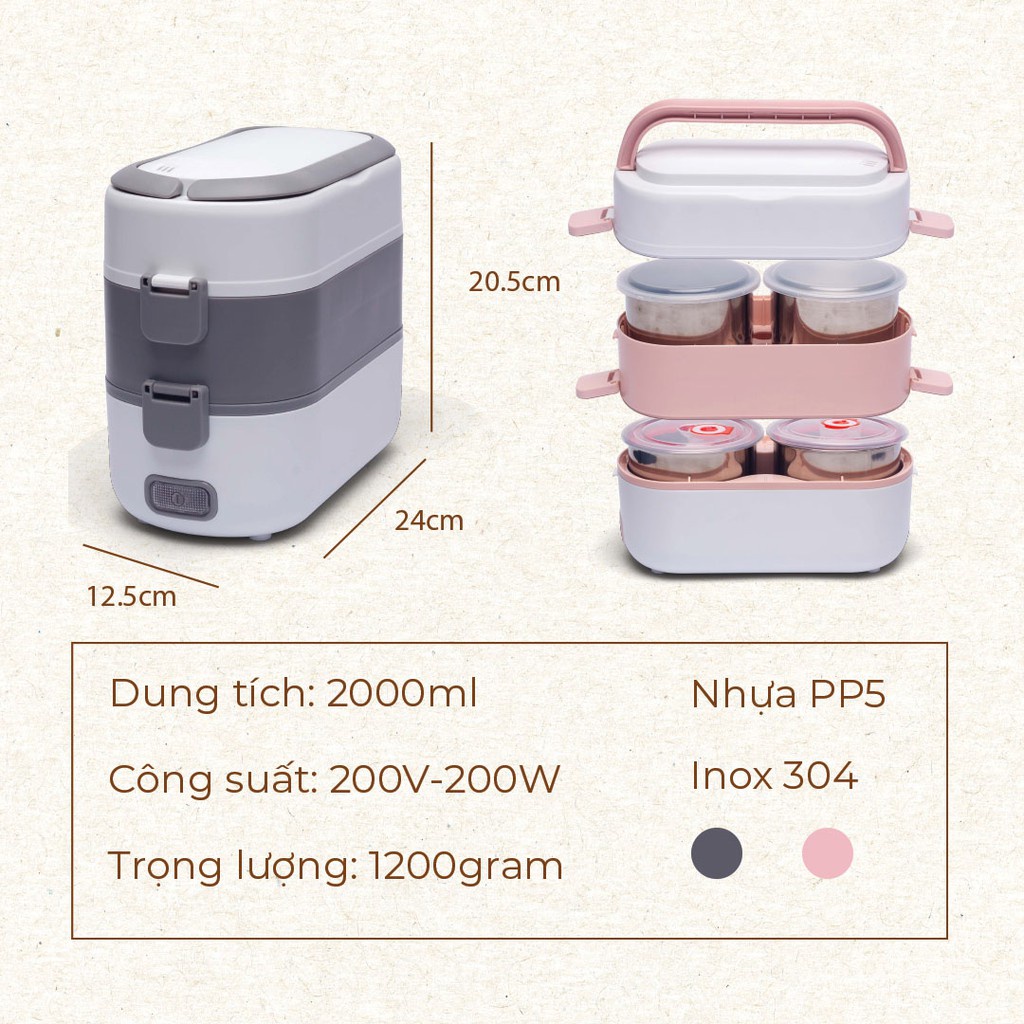 Hộp cơm cắm điện hâm nóng  MINISTYLE, hấp chín thức ăn bằng hơi nước, 2 tầng 4 ngăn ruột inox có chức năng giữ nhiệt