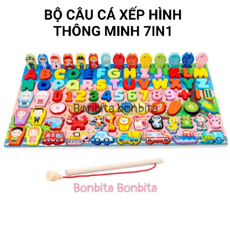 Đồ chơi phát triển trí tuệ bằng gỗ 7 trong 1 Bảng học chữ số đếm, câu cá cho bé