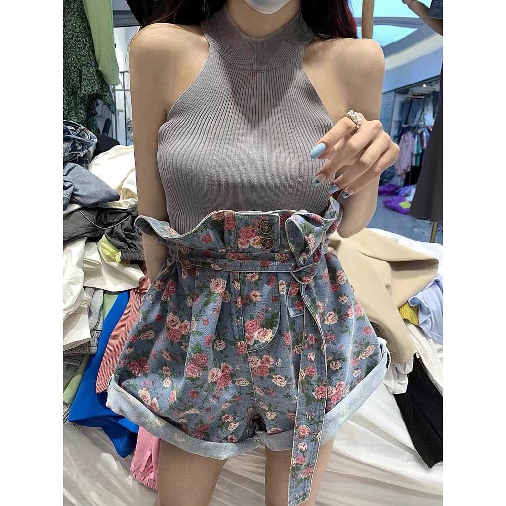 Quần short lưng cao ống rộng họa tiết hoa thanh lịch dễ thương cho nữ