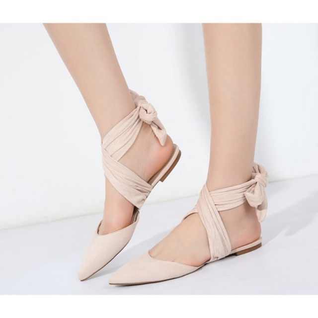 Giày búp bê gót buộc vải nơ 2 màu đỏ đô, kem