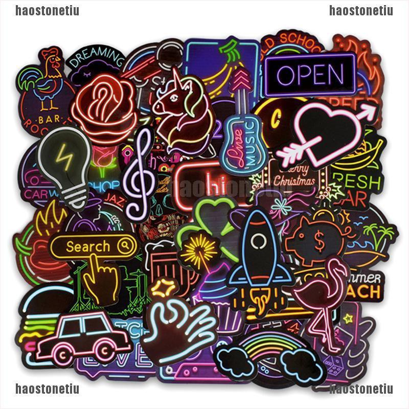 Bộ 50 Miếng Dán Màu neon Dễ Thương Dùng Trang Trí Vali / laptop / guitar