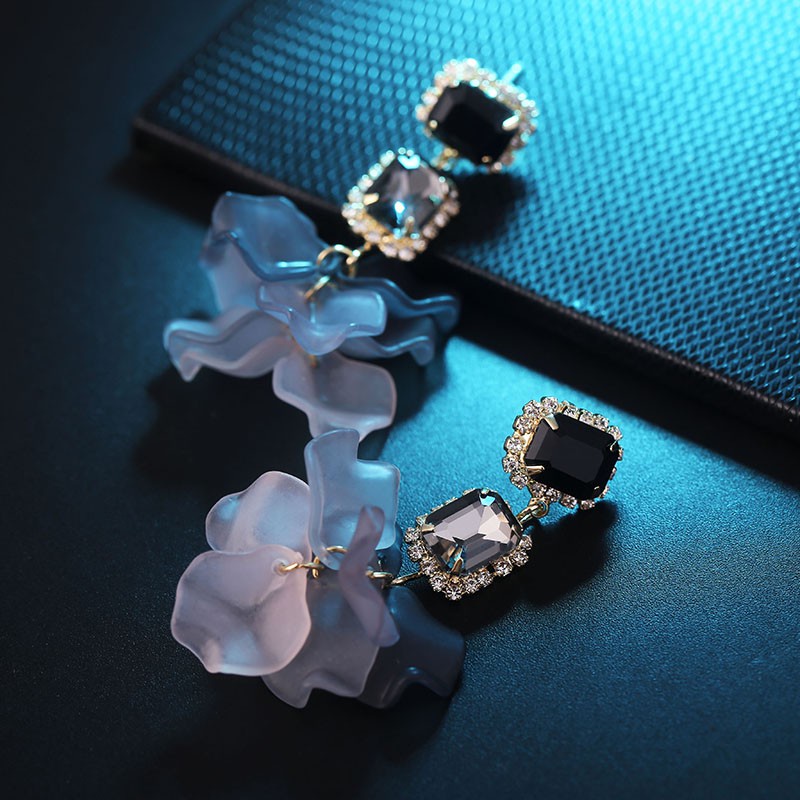 Bông Tai Mạ Bạc 925 Hình Cánh Hoa Hồng Đen Dáng Dài