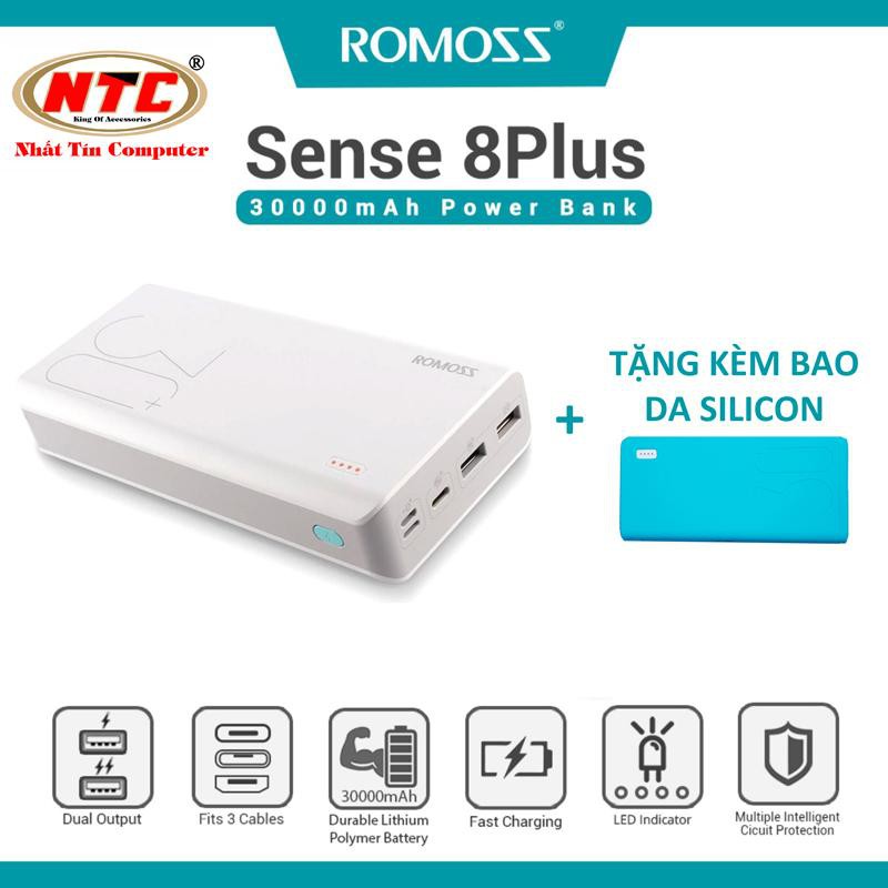 Pin sạc dự phòng lõi Polymer Romoss Sense 8+ 30000mAh - sạc nhanh QC 3.0 và PD 18W (Trắng) + tặng kèm bao sillicon