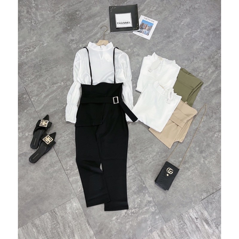 Set sơ mi lụa mix quần yếm dây