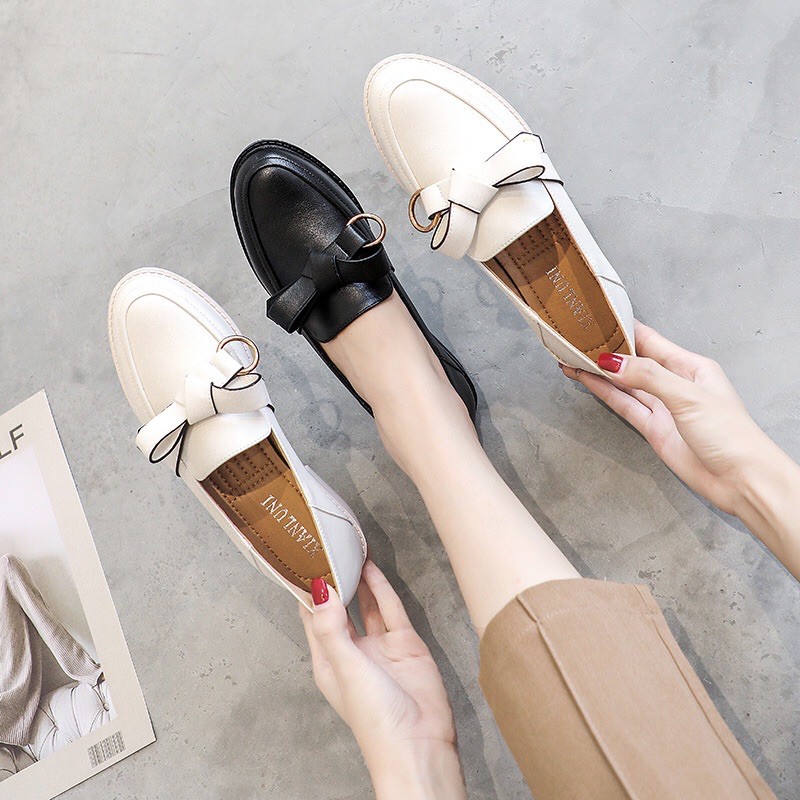 Giày Loafer Nữ Búp Bê, Giày Lười Mũi Tròn Dẻo Da Mềm Trang Trí Nơ Xinh Xắn