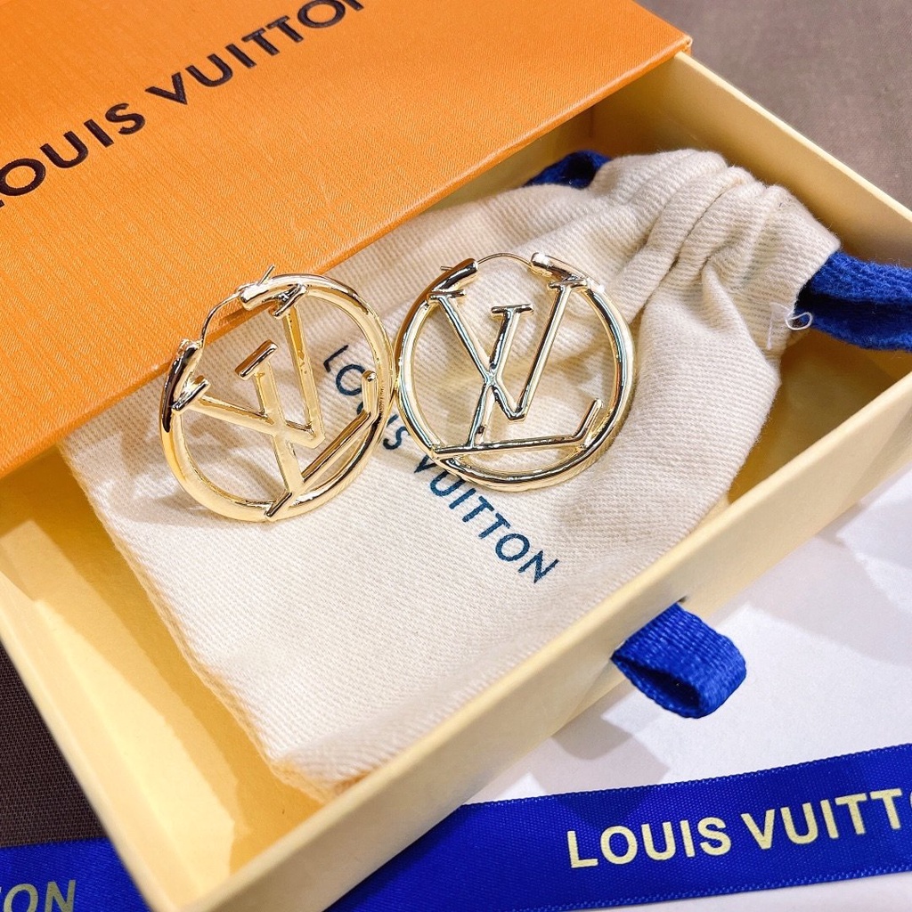 LOUIS VUITTON Khuyên Tai Tròn Mạ Bạc S925 Họa Tiết Chữ LV Sang Trọng Dành Cho Nữ