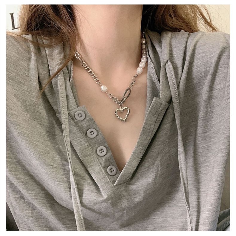 Vòng cổ Thép Không Gỉ Mặt Hình Trái Tim Đính Ngọc Trai Phong Cách Hàn Quốc