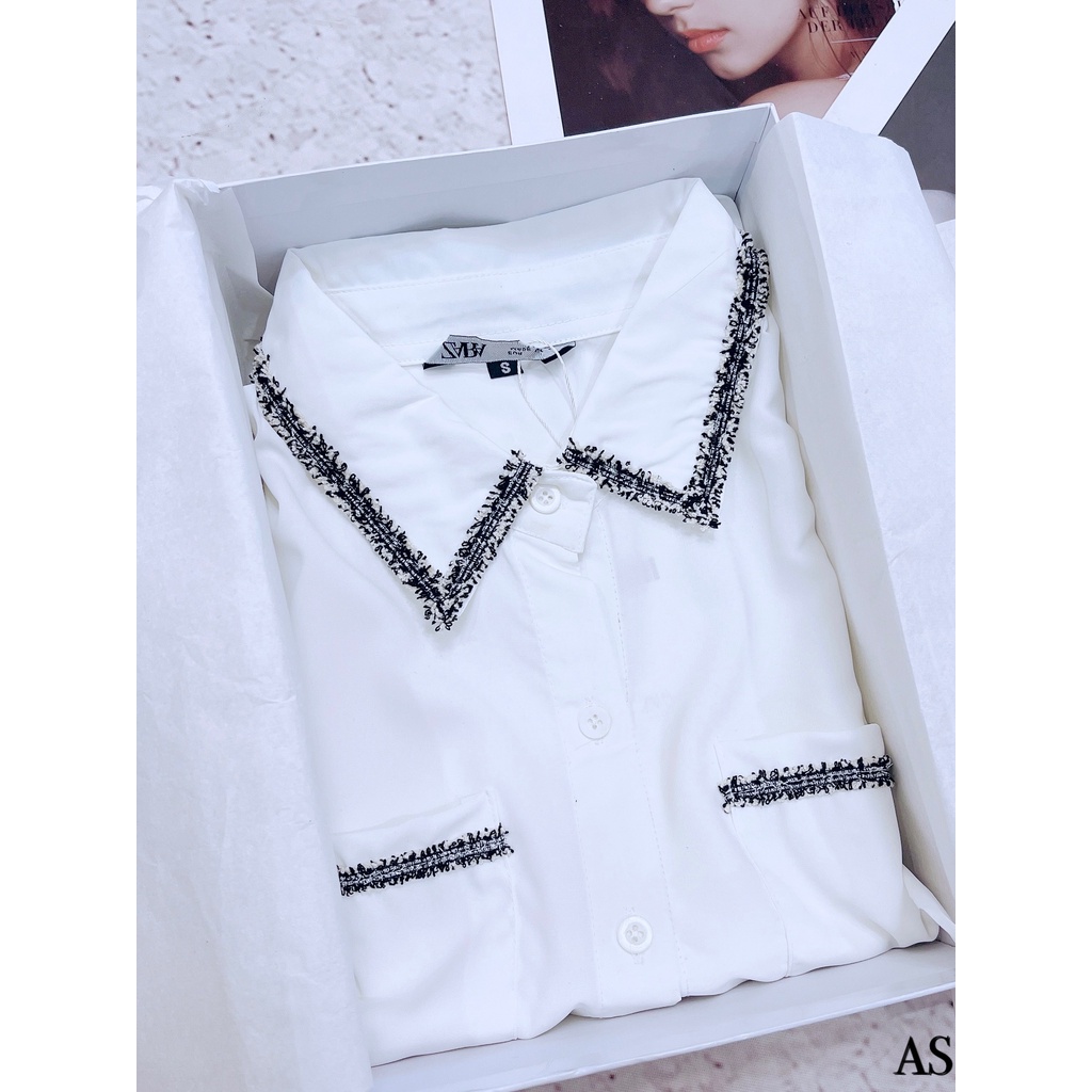 ÁO TRẮNG SƠ MI PHỐI VIỀN CHO NỮ