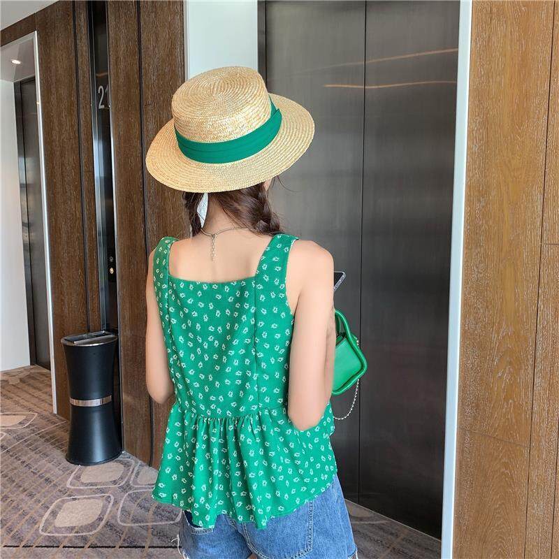 Áo Hai Dây Cổ Chữ V In Hoa Màu Xanh Lá Phong Cách Hàn Quốc Thời Trang Cho Nữ