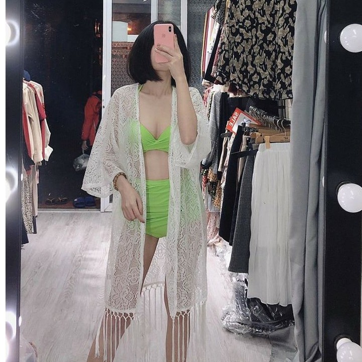 Kimono Áo Choàng Ren Dài Trắng Mặc Ngoài Ngoài Bikini Đi Biển Siêu Hot