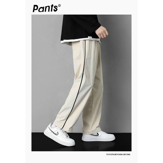 Quần dài kaki nam phối đường viền kiểu baggy mềm mịn co giãn phong cách hàn kèm video, mẫu quần lưng thun có giãn