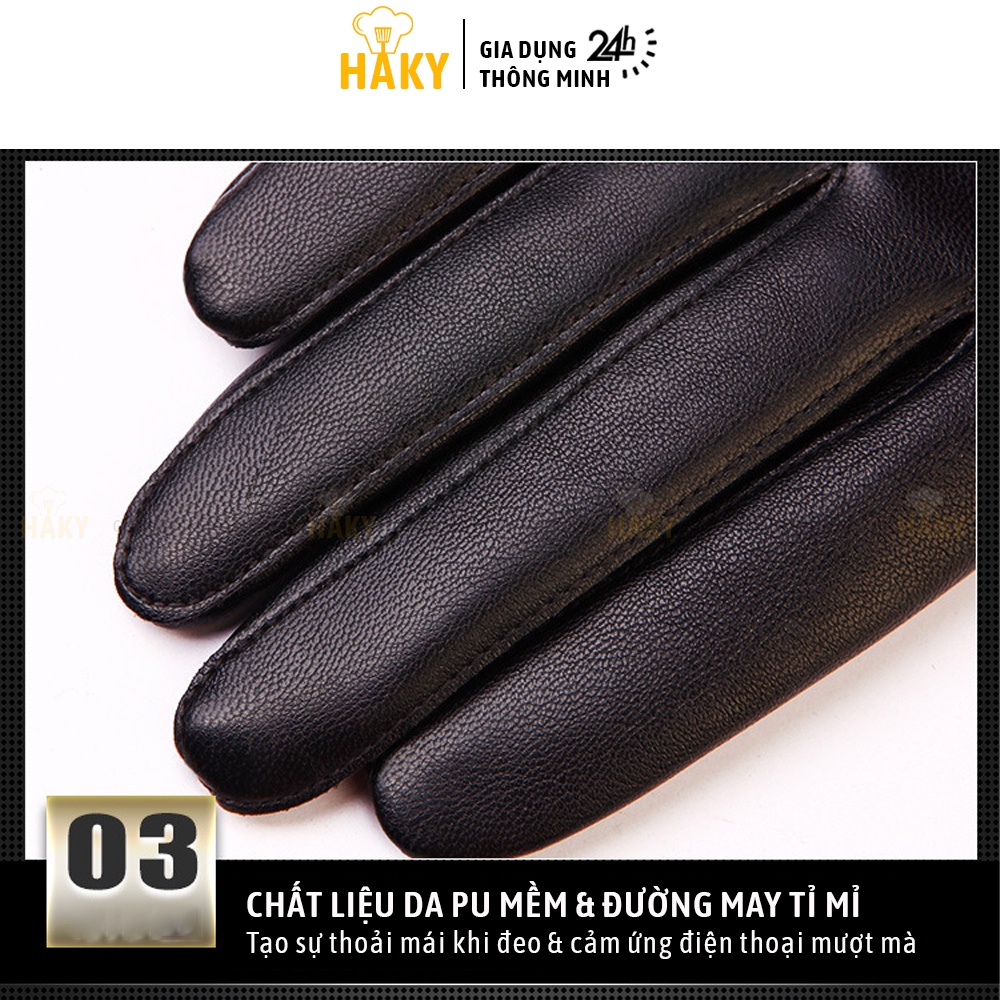 Găng tay da lót lông cho nữ cao cấp chống lạnh mùa đông HAKY029, giữ ấm khi đi xe, cảm ứng điện thoại mượt
